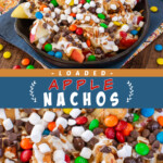 Two pictures of apple nachos collaged with blue text box.