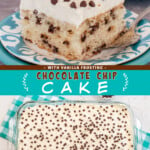 Two pictures of chocolate chip cake collaged with a teal text box.