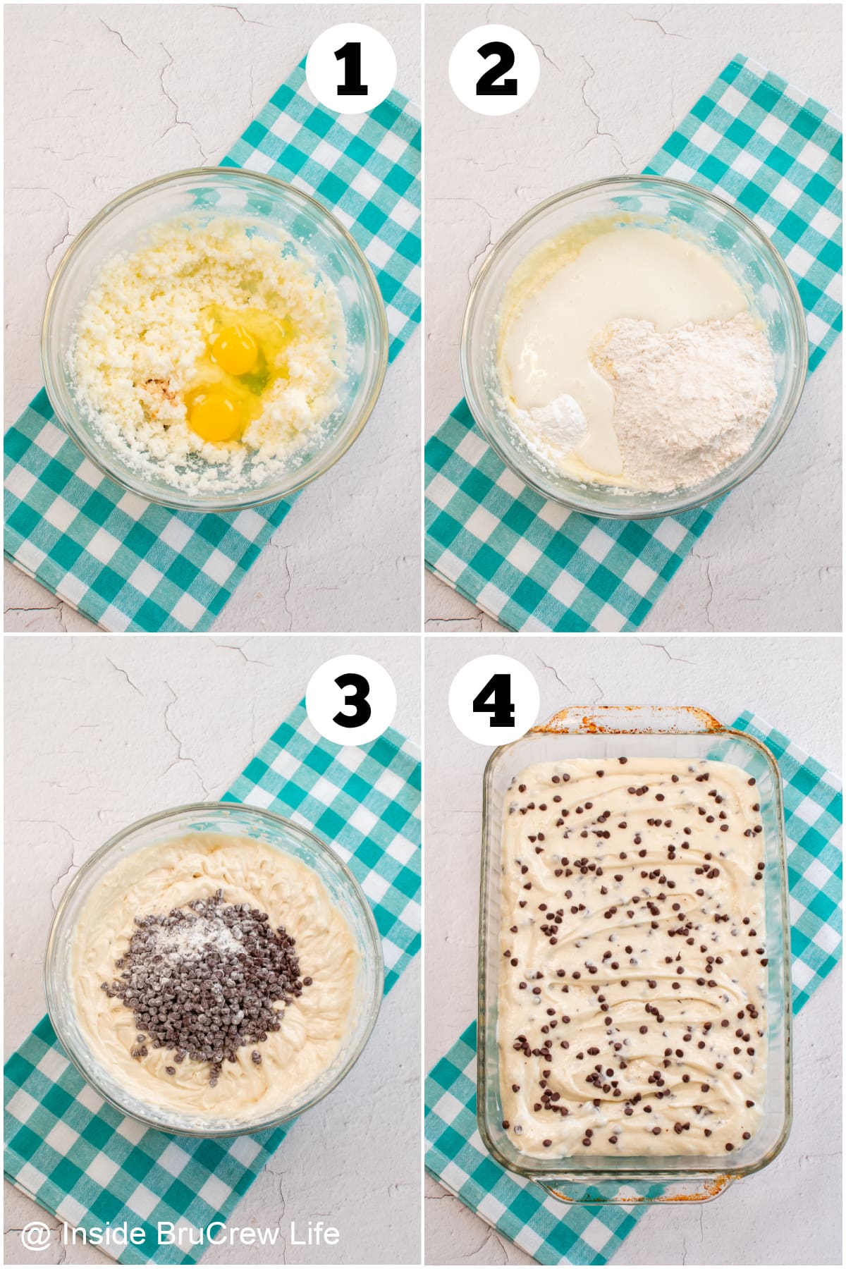 Four pictures collaged together showing how to make a cake with chocolate chips.