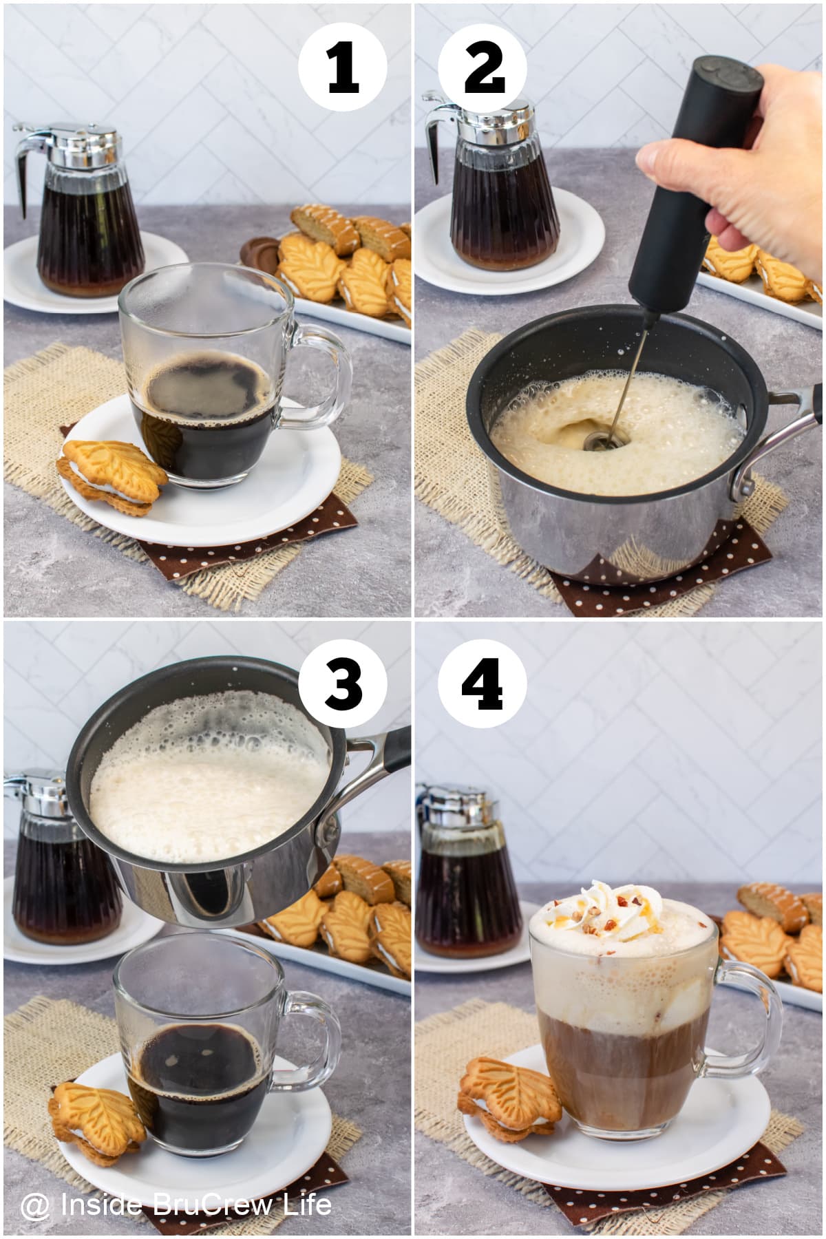 Four pictures collaged together showing how to make a homemade coffee drink.