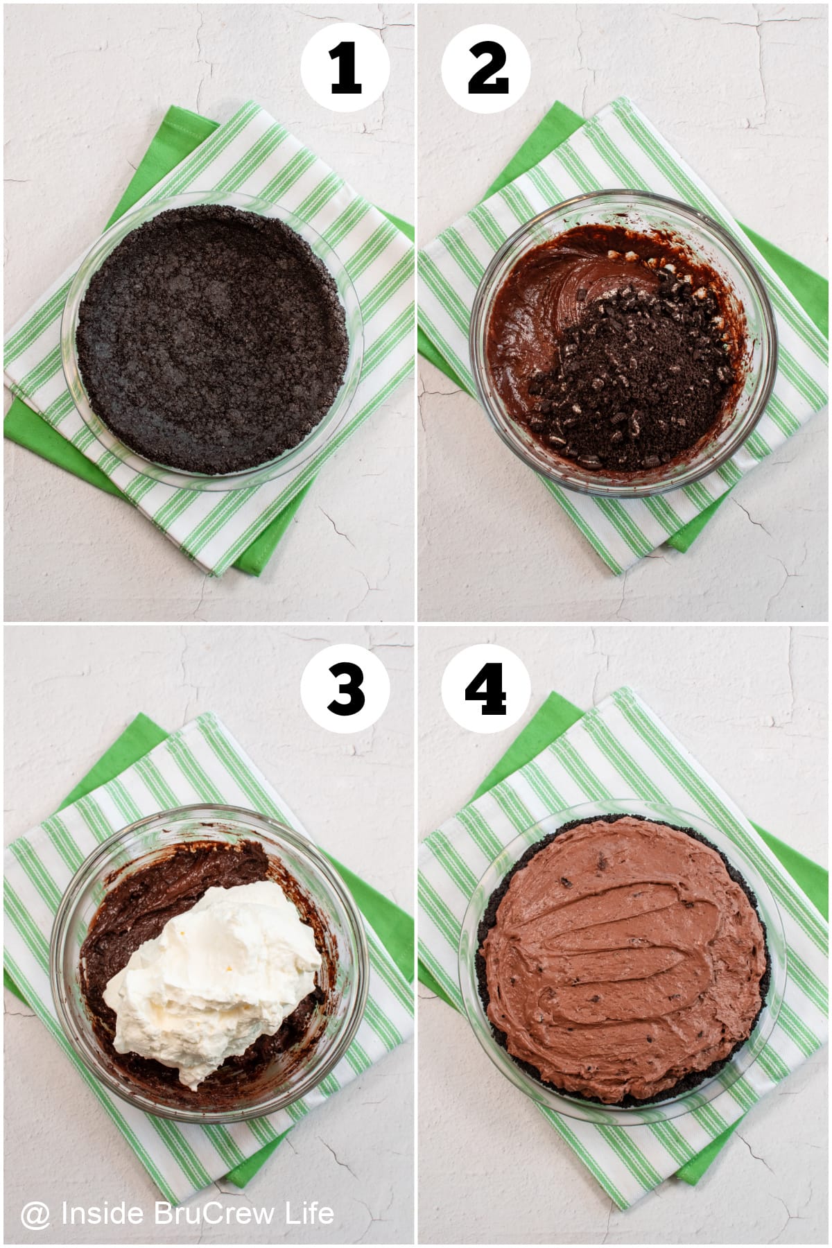 Four pictures collaged together showing how to make a chocolate pudding pie.