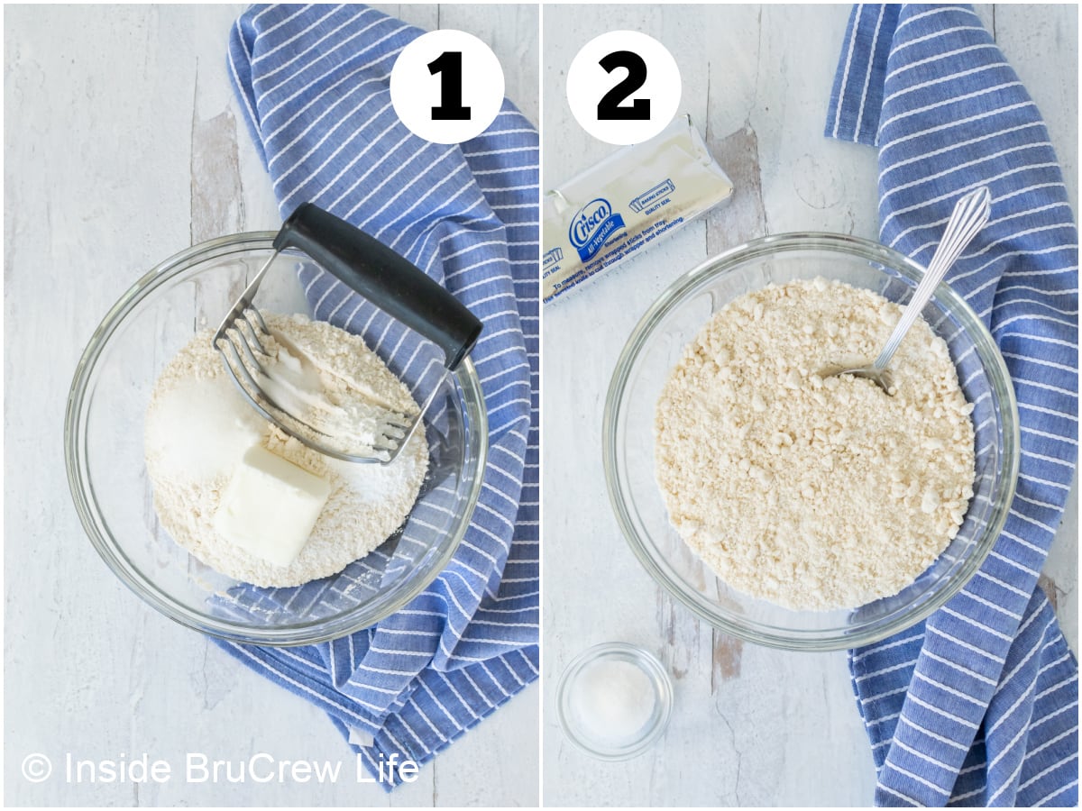 Two pictures collaged together showing how to make homemade Bisquick.
