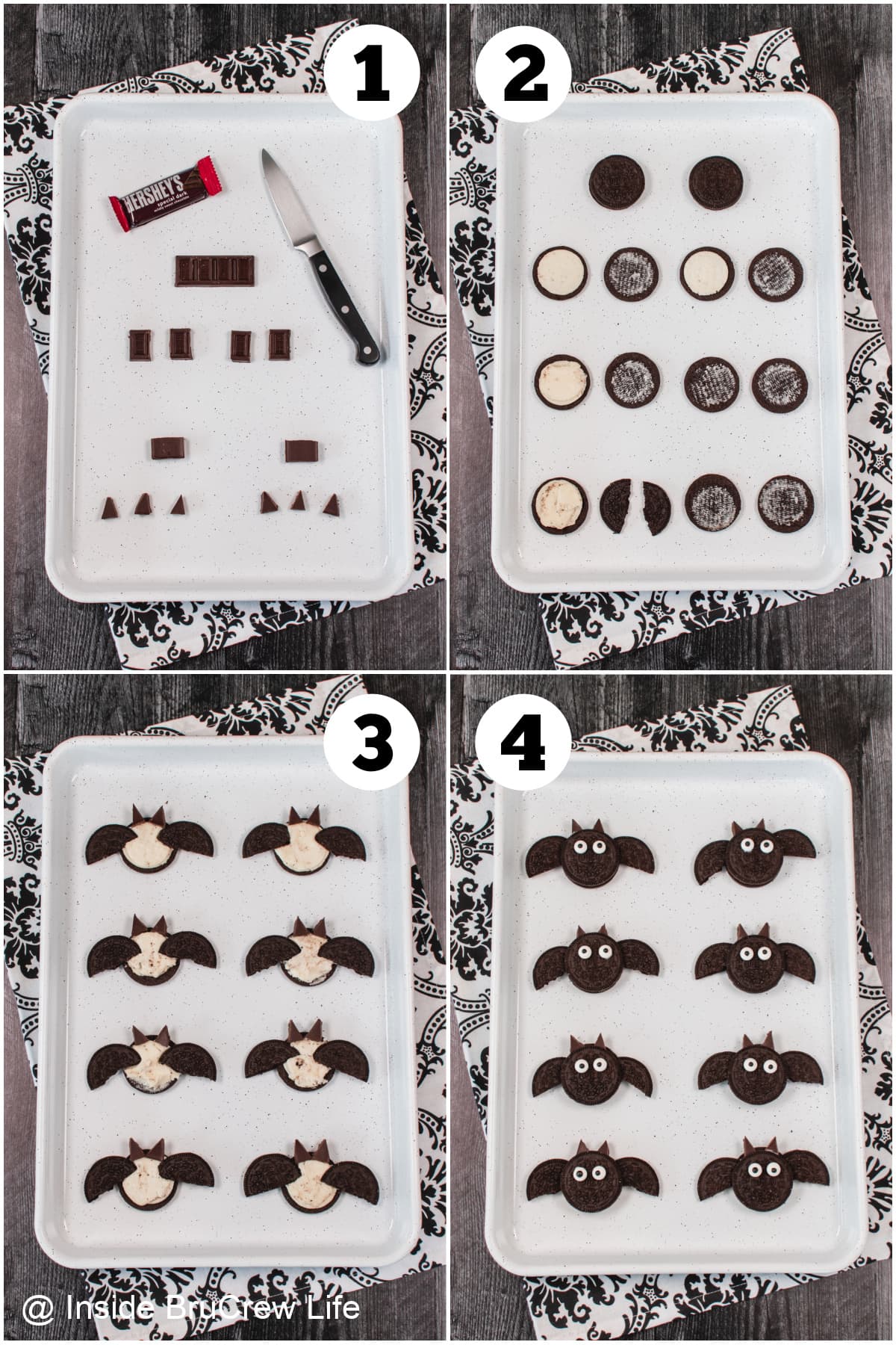 Four pictures collaged together showing how to make bats with Oreos.