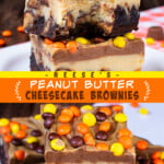 Two pictures of peanut butter cheesecake brownies collaged together with an orange text box.