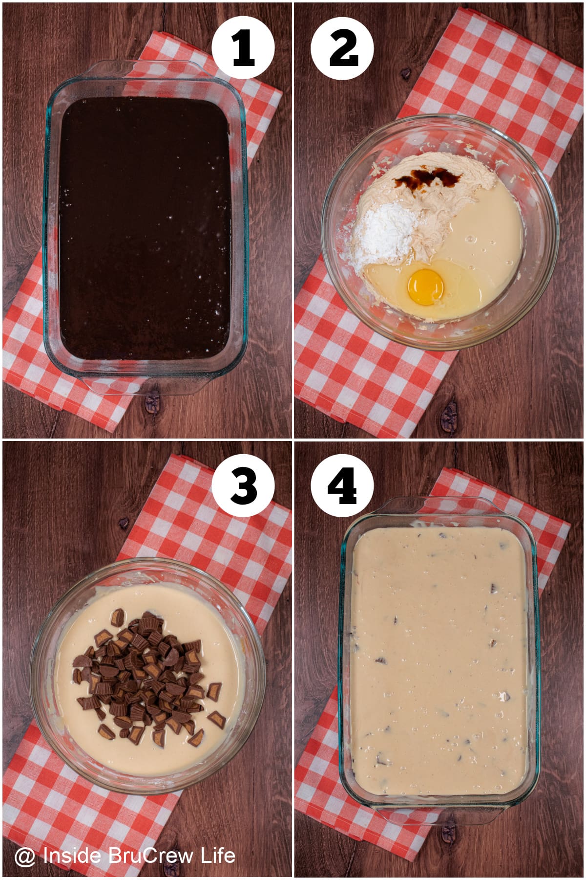 Four pictures collaged together showing how to make a pan of cheesecake brownies.