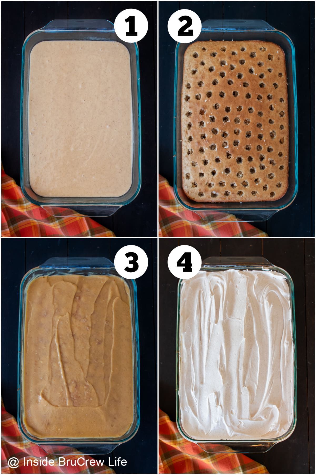 Four pictures collaged together showing how to make a pudding poke cake.