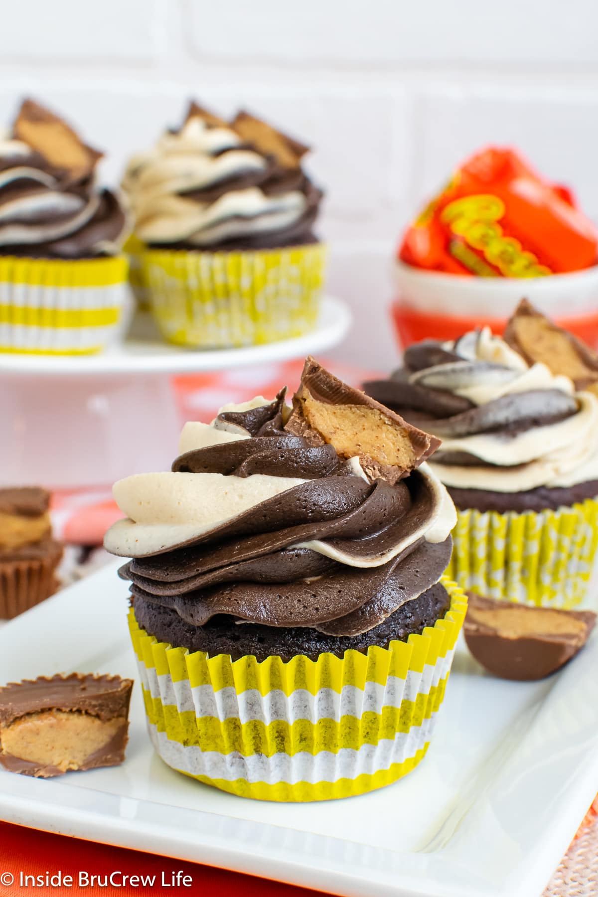 Frosted chocolate cupcakes in white and yellow liners.