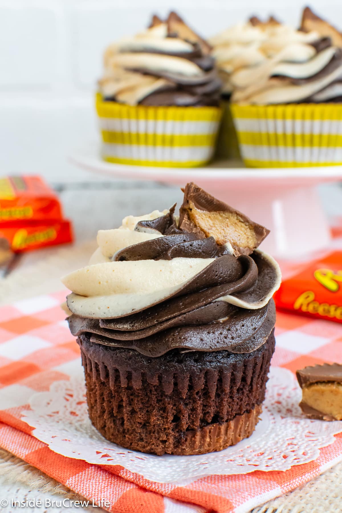 A chocolate cupcake with chocolate and peanut butter swirl frosting.