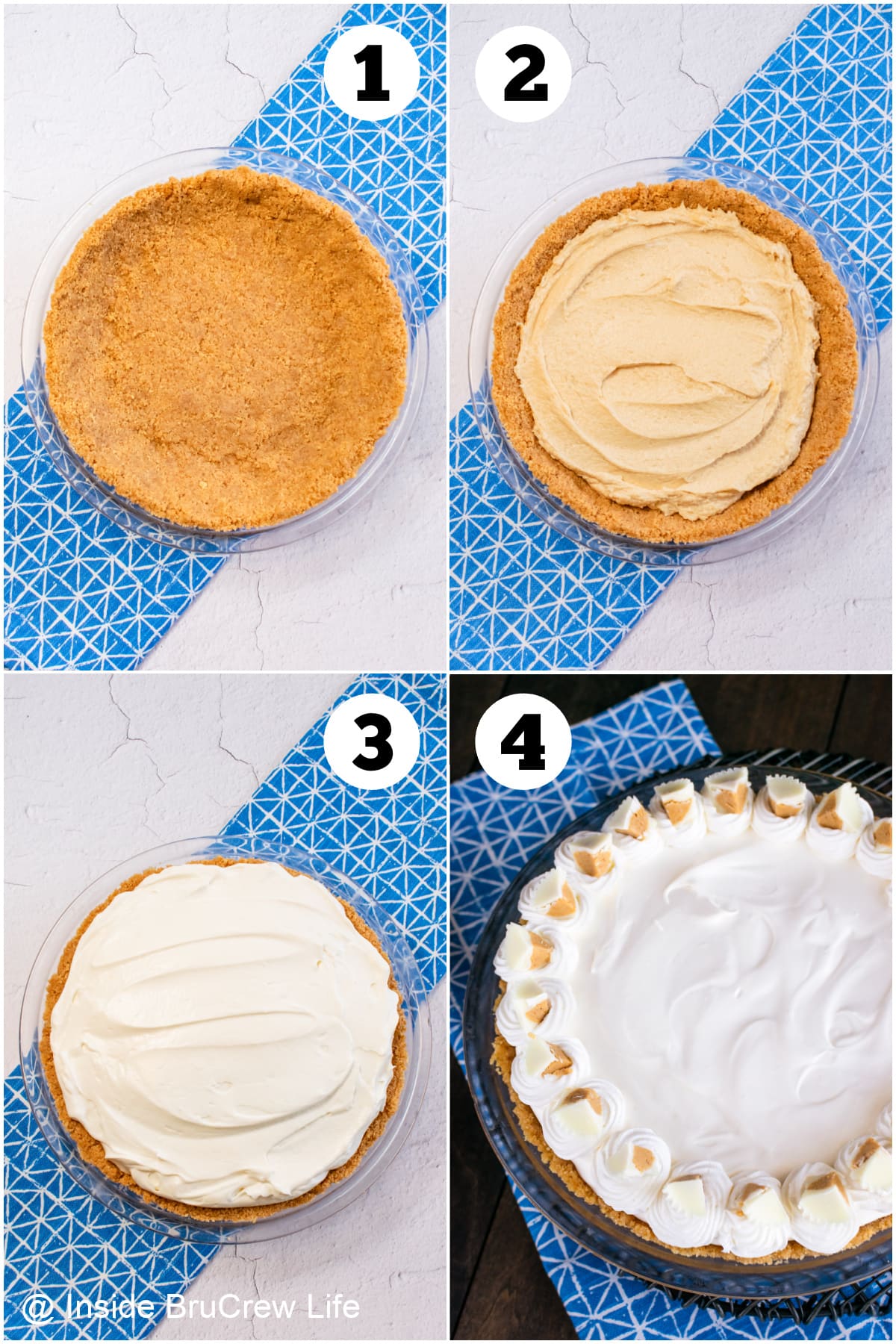 Four pictures collaged together showing how to make a pudding pie,