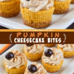 Two pictures of pumpkin spice cheesecake bites collaged with a brown text box.