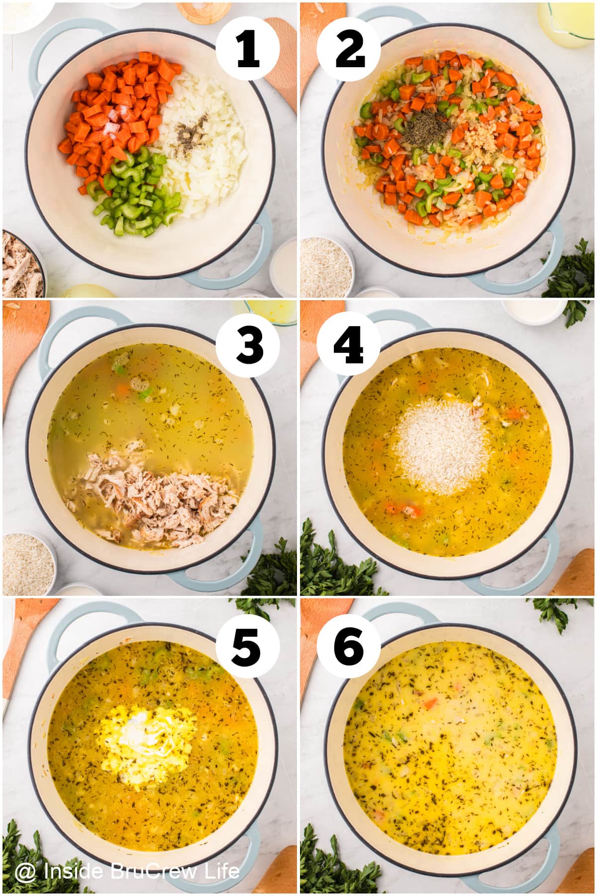 Six picture collage showing how to make soup.