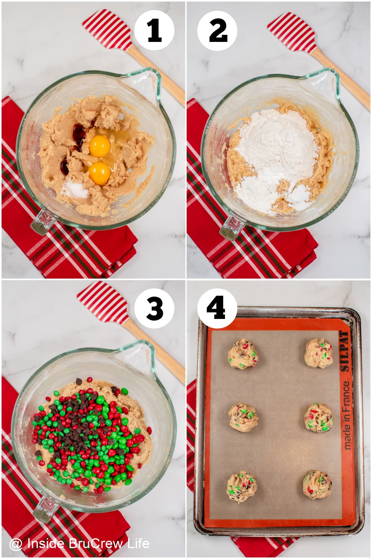 Four pictures collaged together showing how to make holiday cookies.