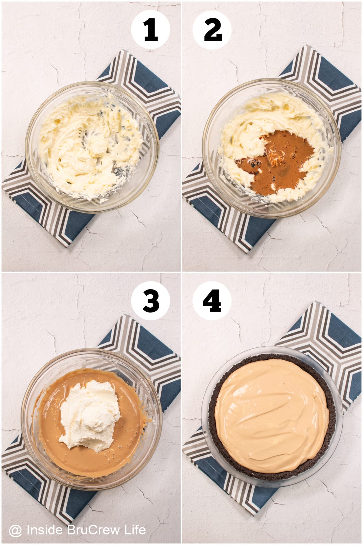Four pictures collaged together showing how to make a coffee mousse pie.