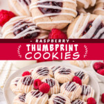Two pictures of raspberry thumbprint cookies with a red text box.