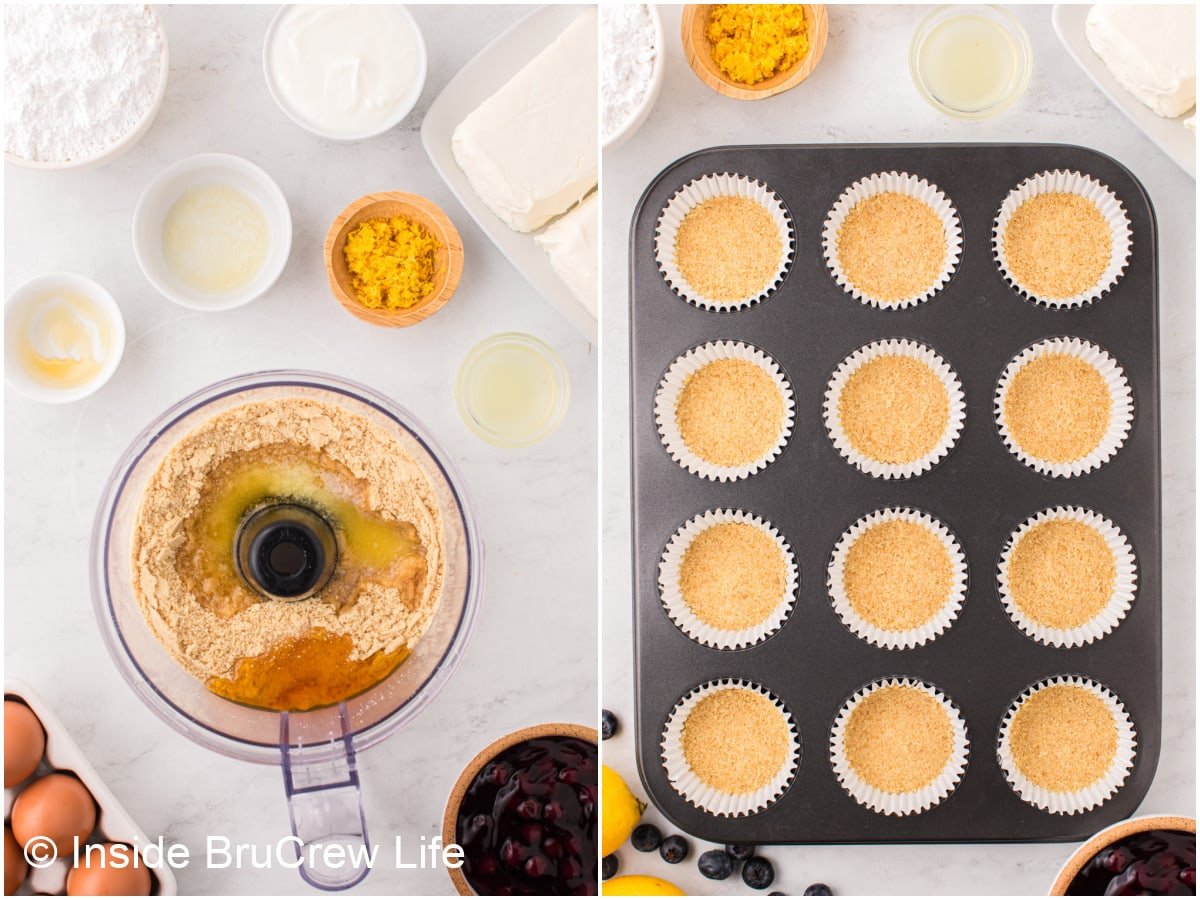 Two pictures collaged together showing how to make a cheesecake crust.