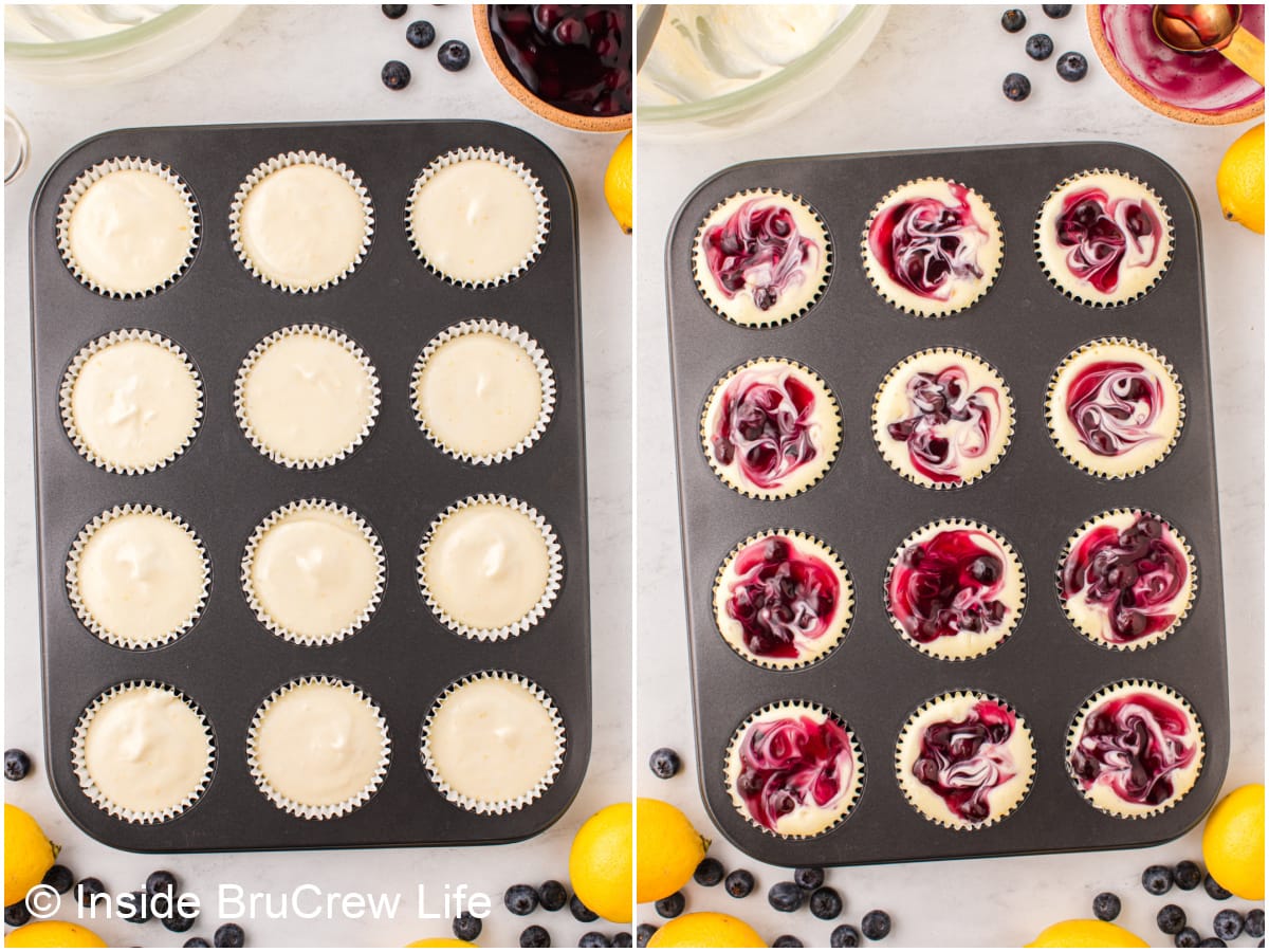 Two pictures of cheesecake batter in muffin tins.