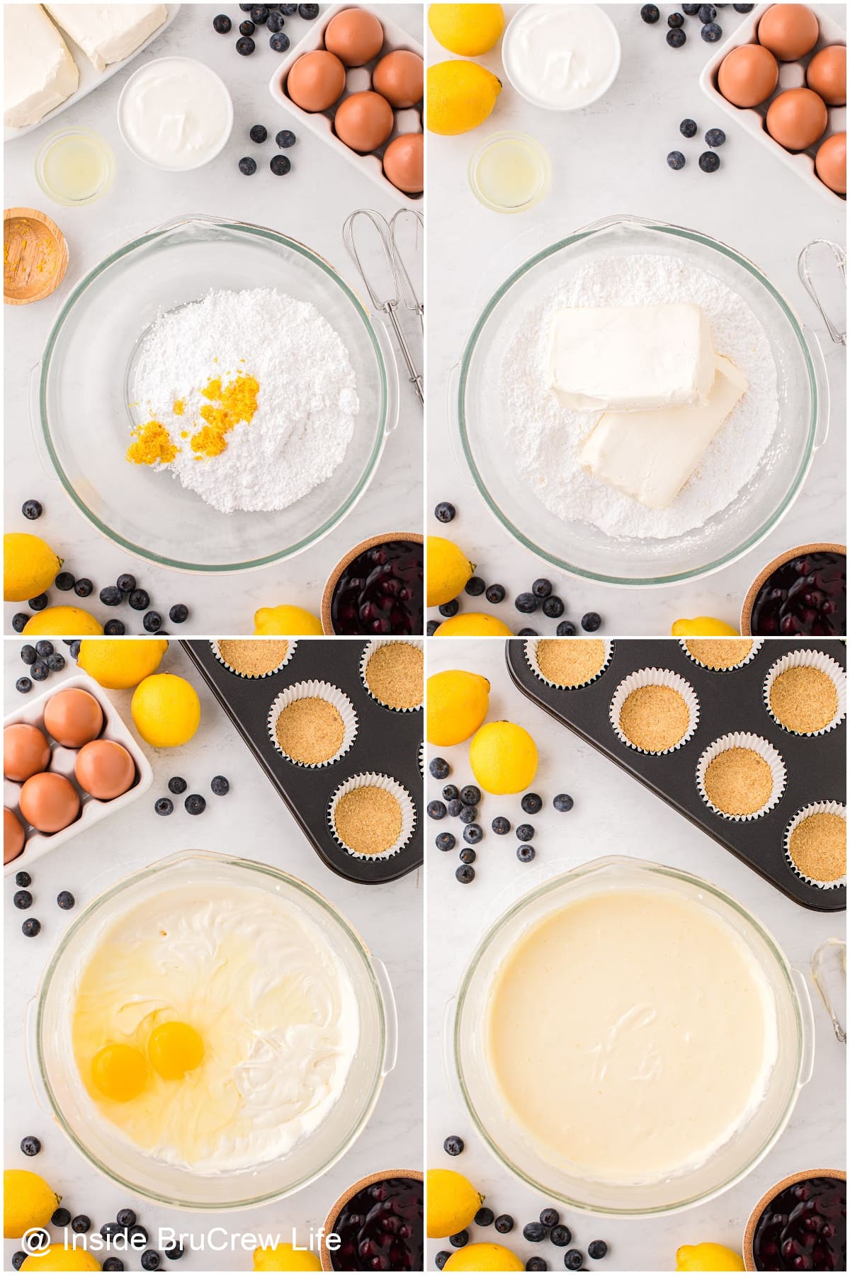 Four pictures collaged together showing how to make cheesecake batter.