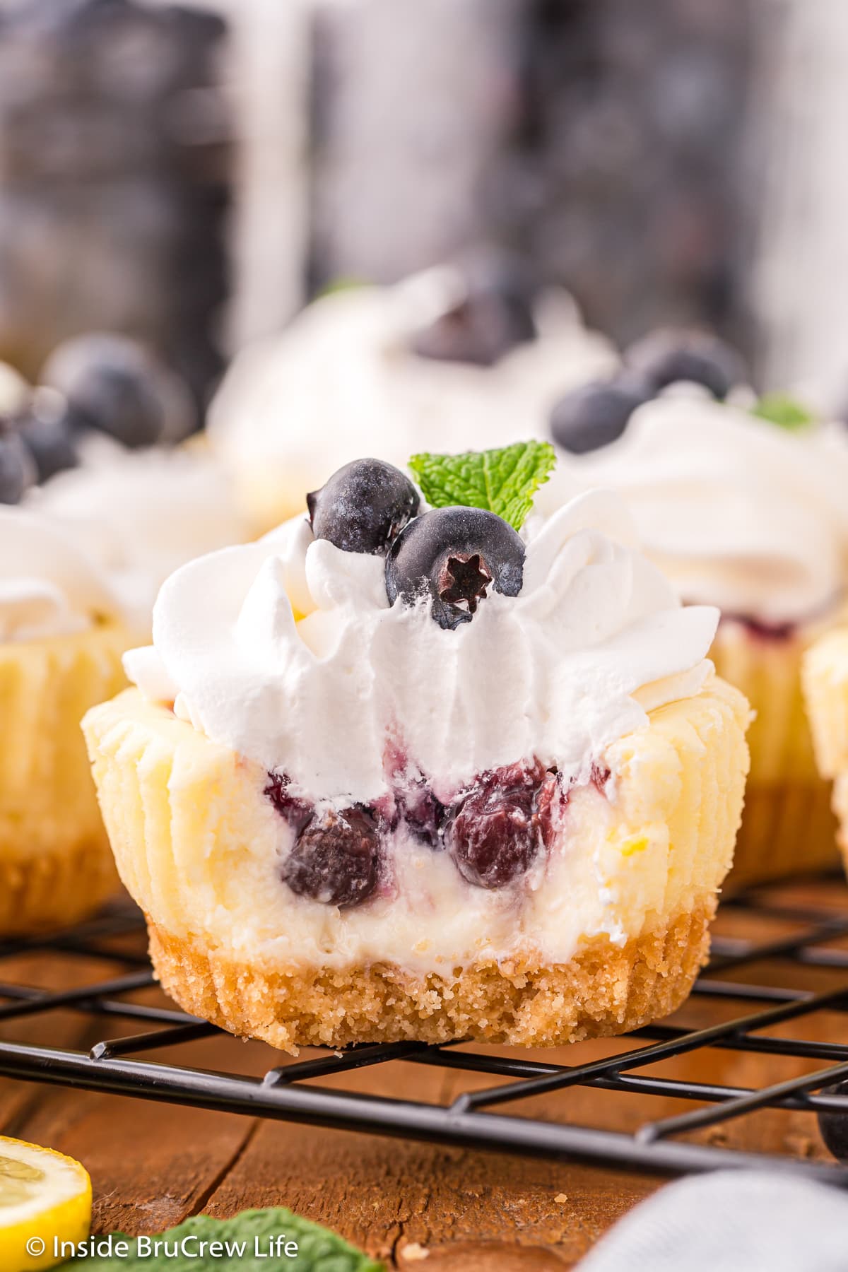 A mini cheesecake with blueberry pie filling inside.