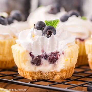 A mini lemon blueberry cheesecake with a bite out of it.