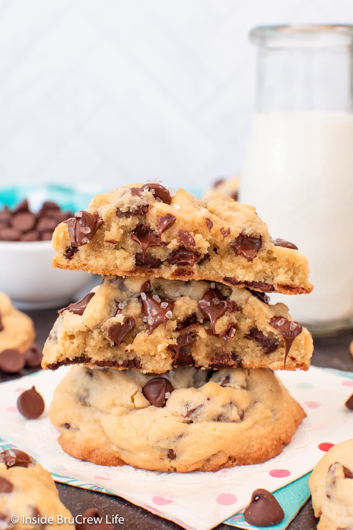 A gooey stack of chocolate chip cookies.