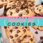 Two pictures of thick chocolate chip cookies collaged with a teal text box.