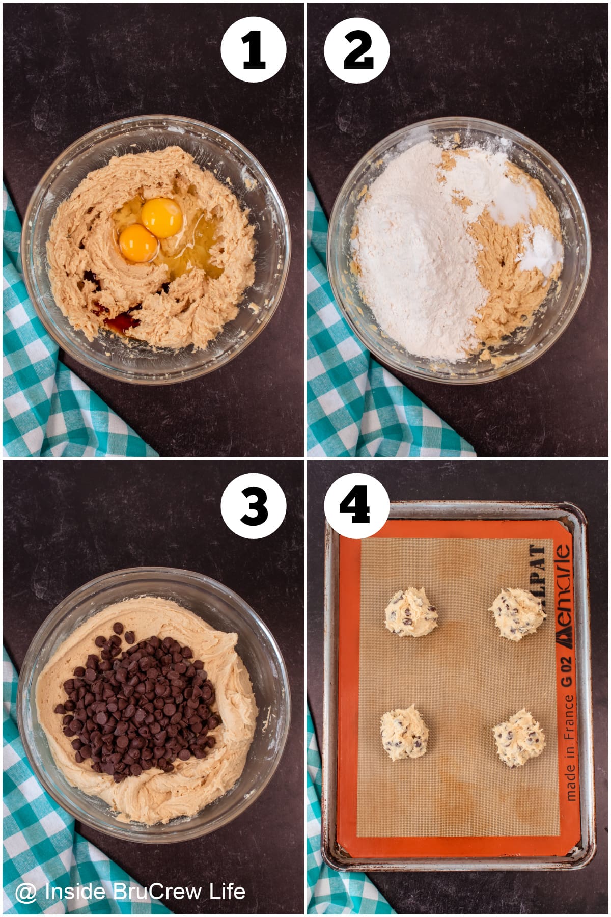 Four pictures collaged together showing how to make puffy and thick chocolate chip cookies.