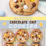 Two pictures of Cadbury chocolate chip cookies collaged with a blue text box.