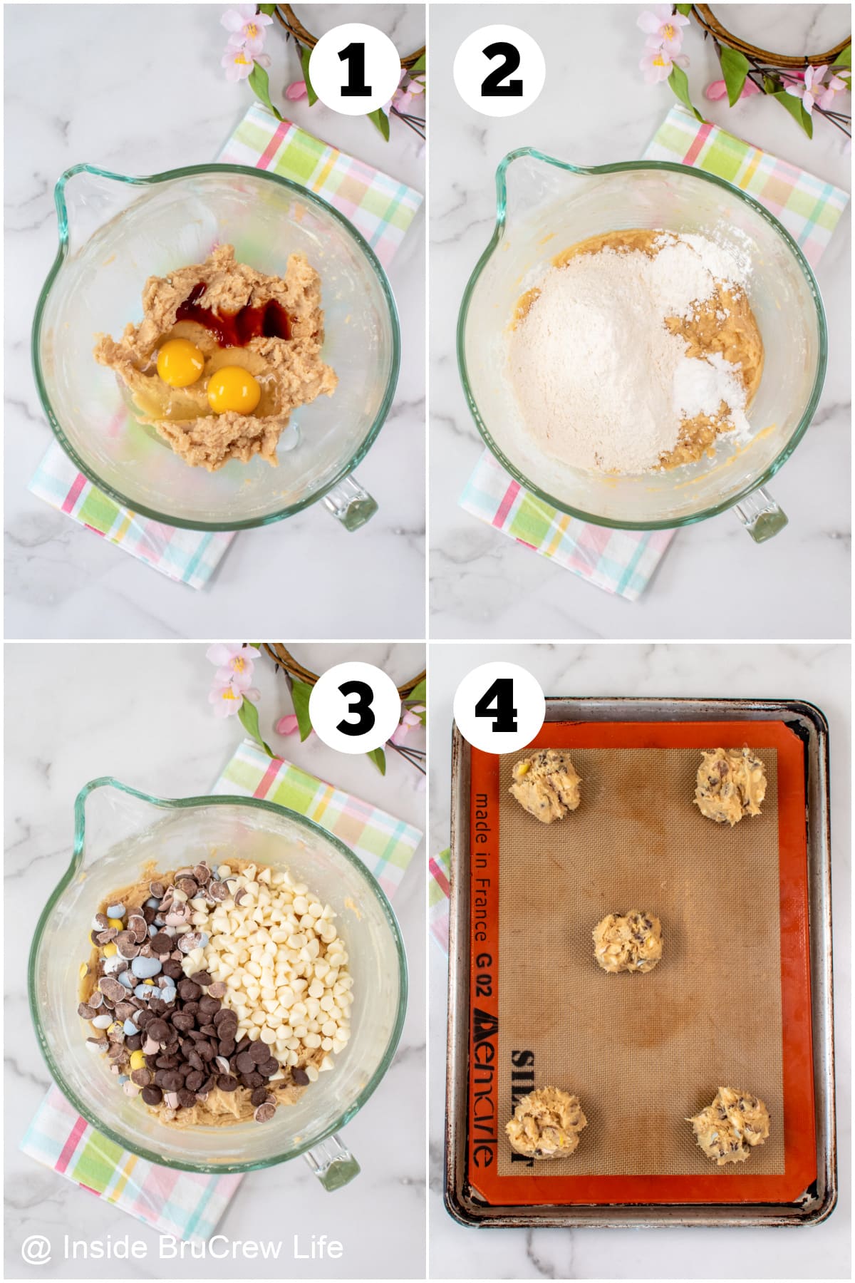 Four pictures collaged together showing how to make cookie dough.