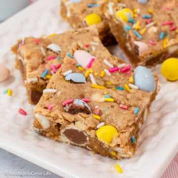 Cookie bars with sprinkles and cadbury mini eggs.
