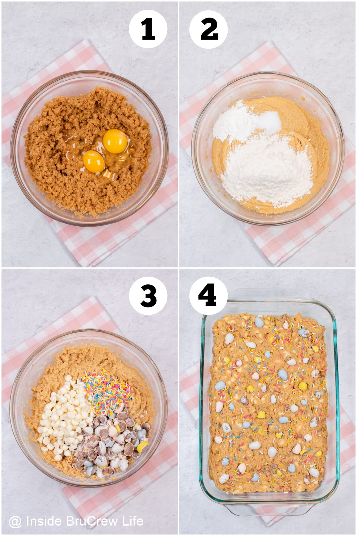 Four pictures collaged together showing how to make blonde brownies.