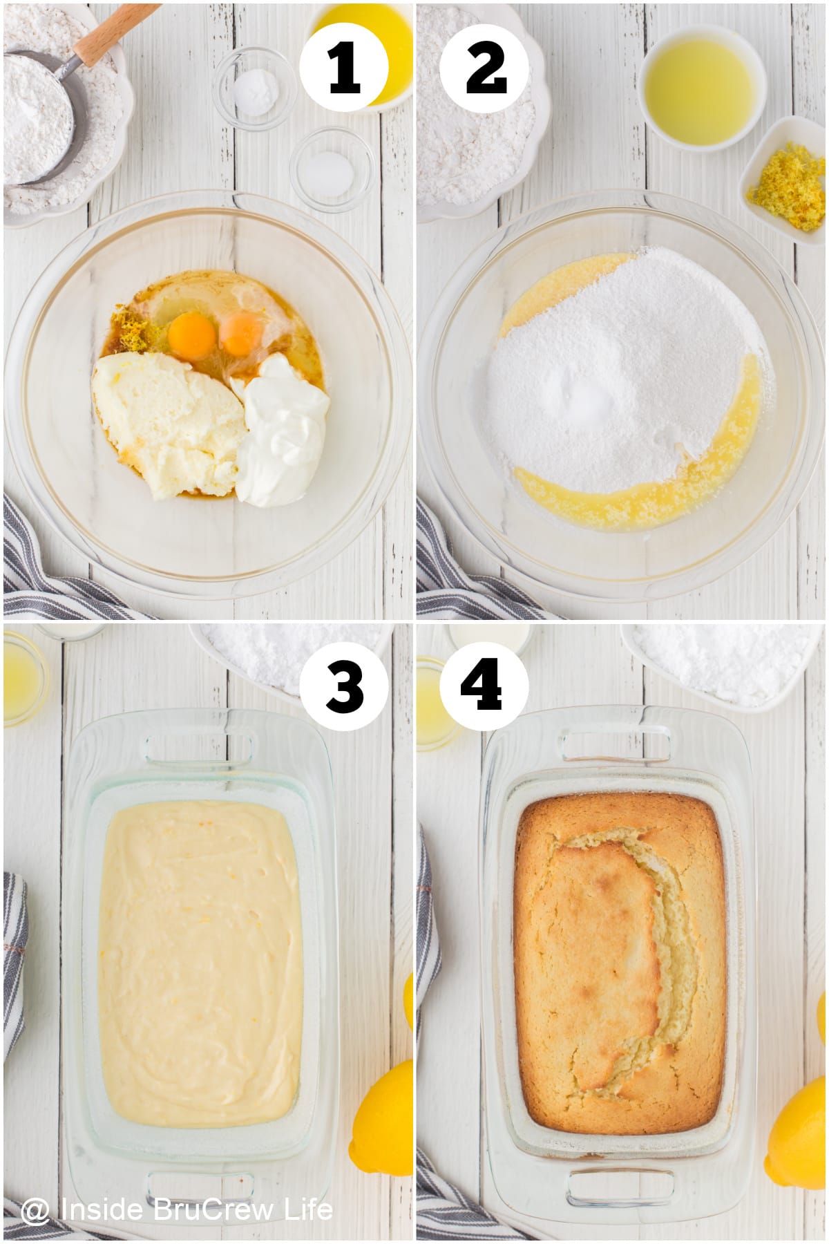 Four pictures collaged together showing how to make lemon bread.