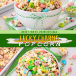 Two pictures of lucky charms popcorn collaged with a green text box.