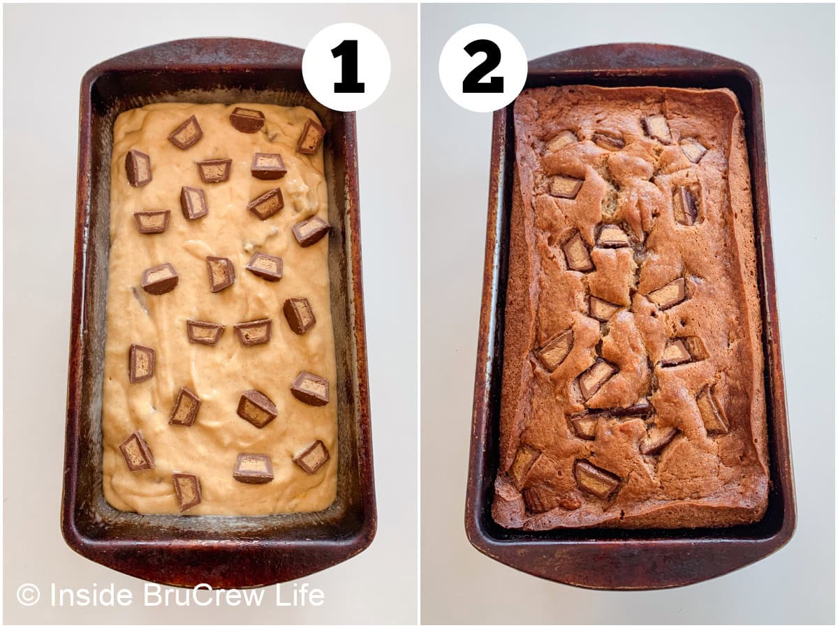 Two pictures showing how to bake sweet bread.