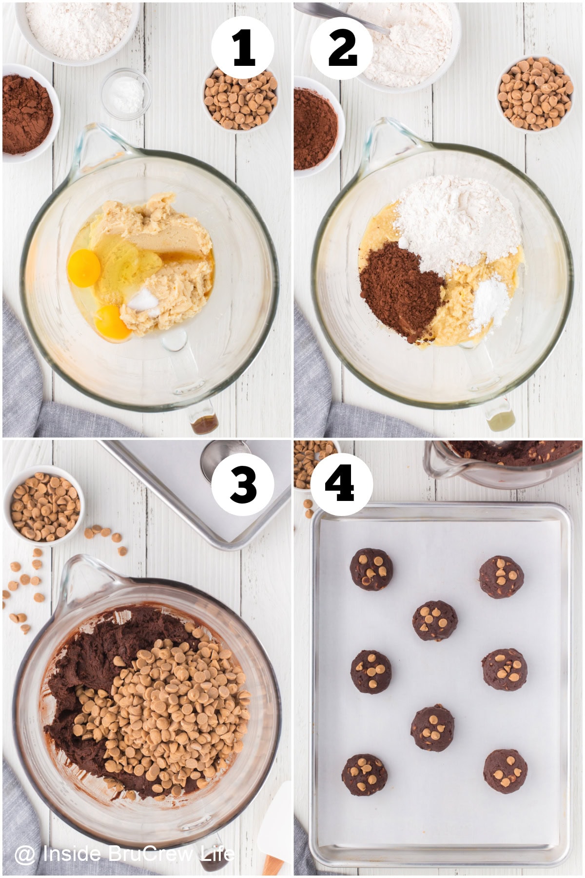 Four pictures collaged together showing how to make chocolate cookies with Reese's chips.