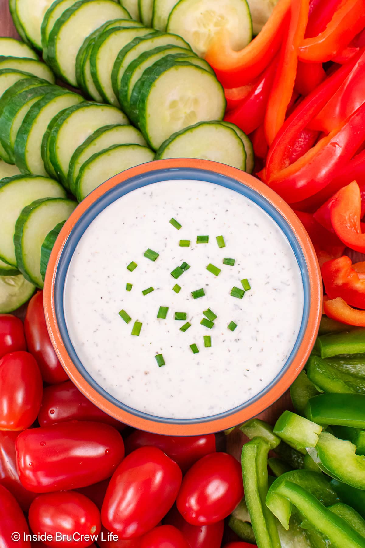 A bowl of creamy dressing sitting on a plate of veggies.