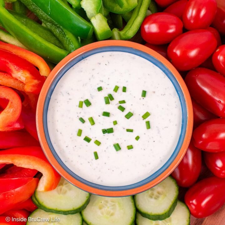 A bowl of dip in the middle of veggies.