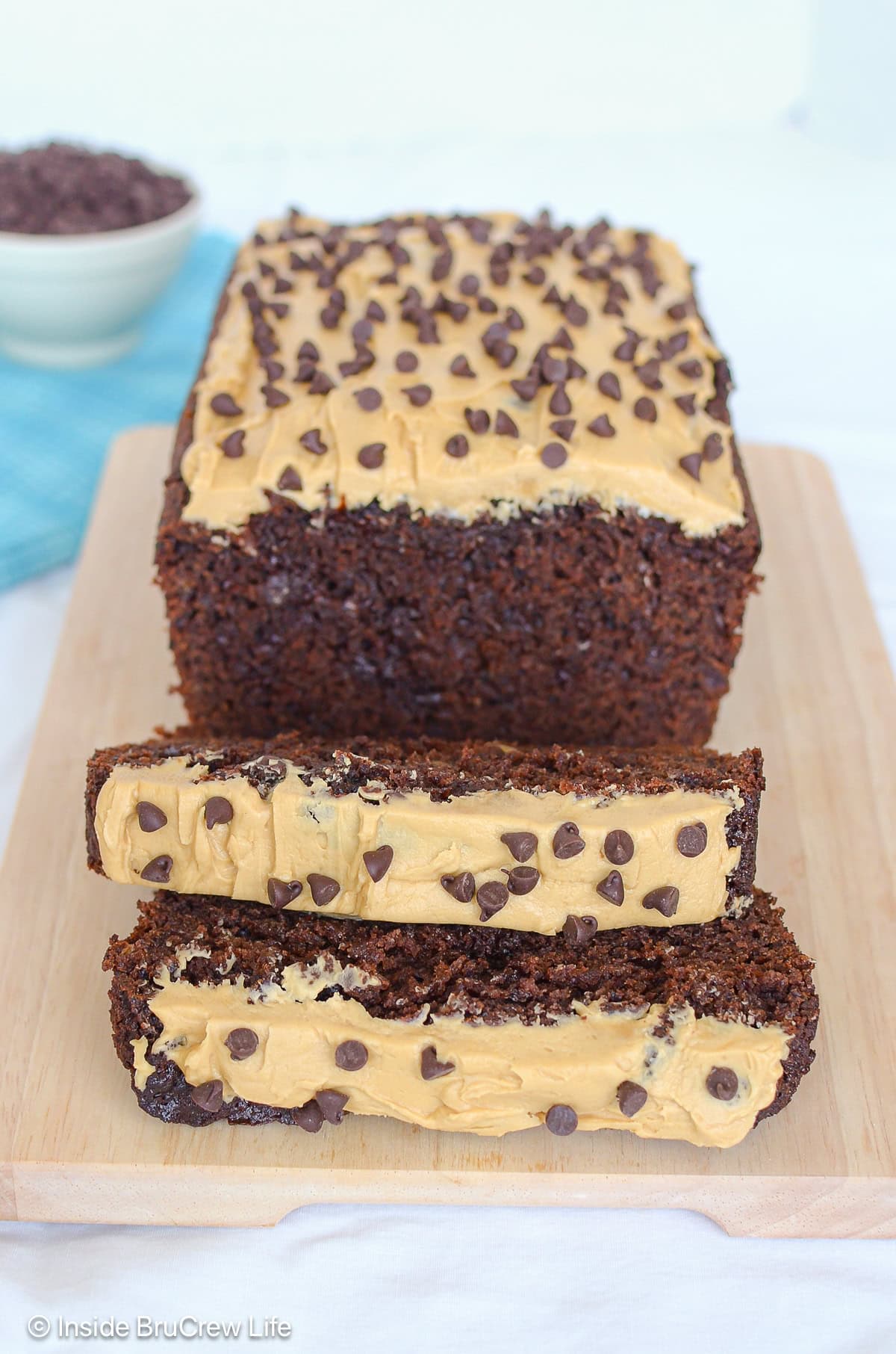 Coffee frosted mocha banana bread with chocolate chips.