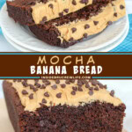 Two pictures of mocha banana bread collaged with a brown text box.