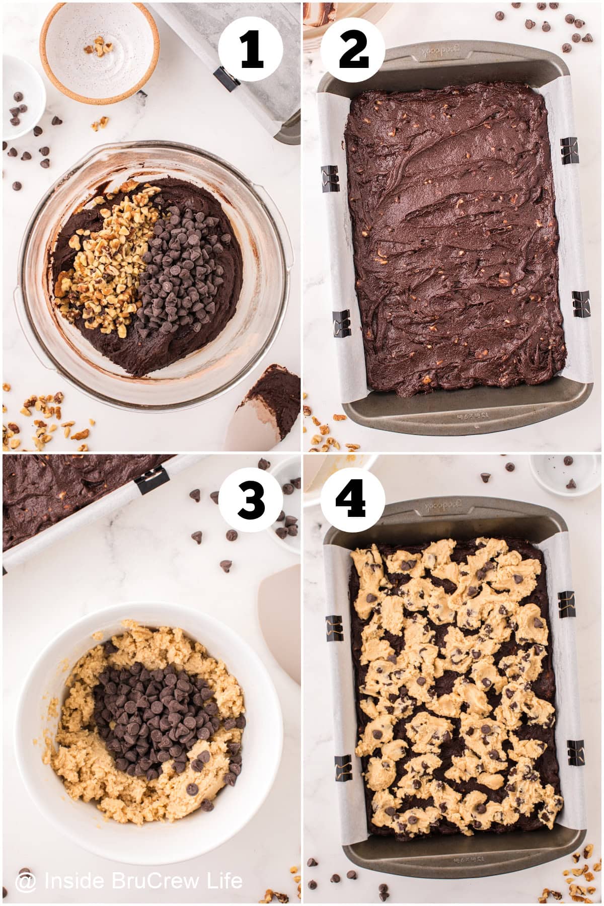 Four pictures collaged together showing how to make and layer brownies and cookies.