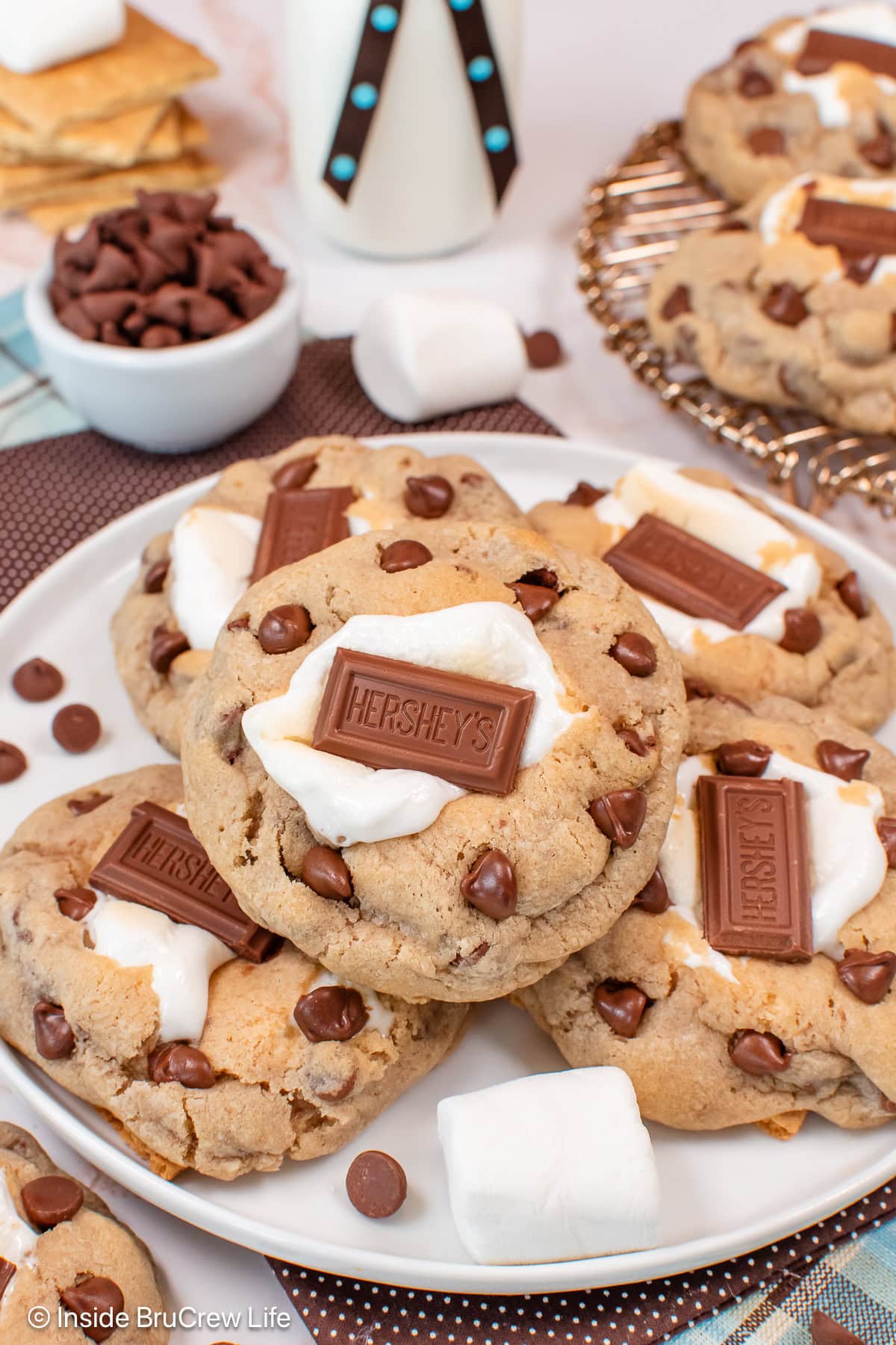 Marshmallow chocolate chip cookies on a white plate.