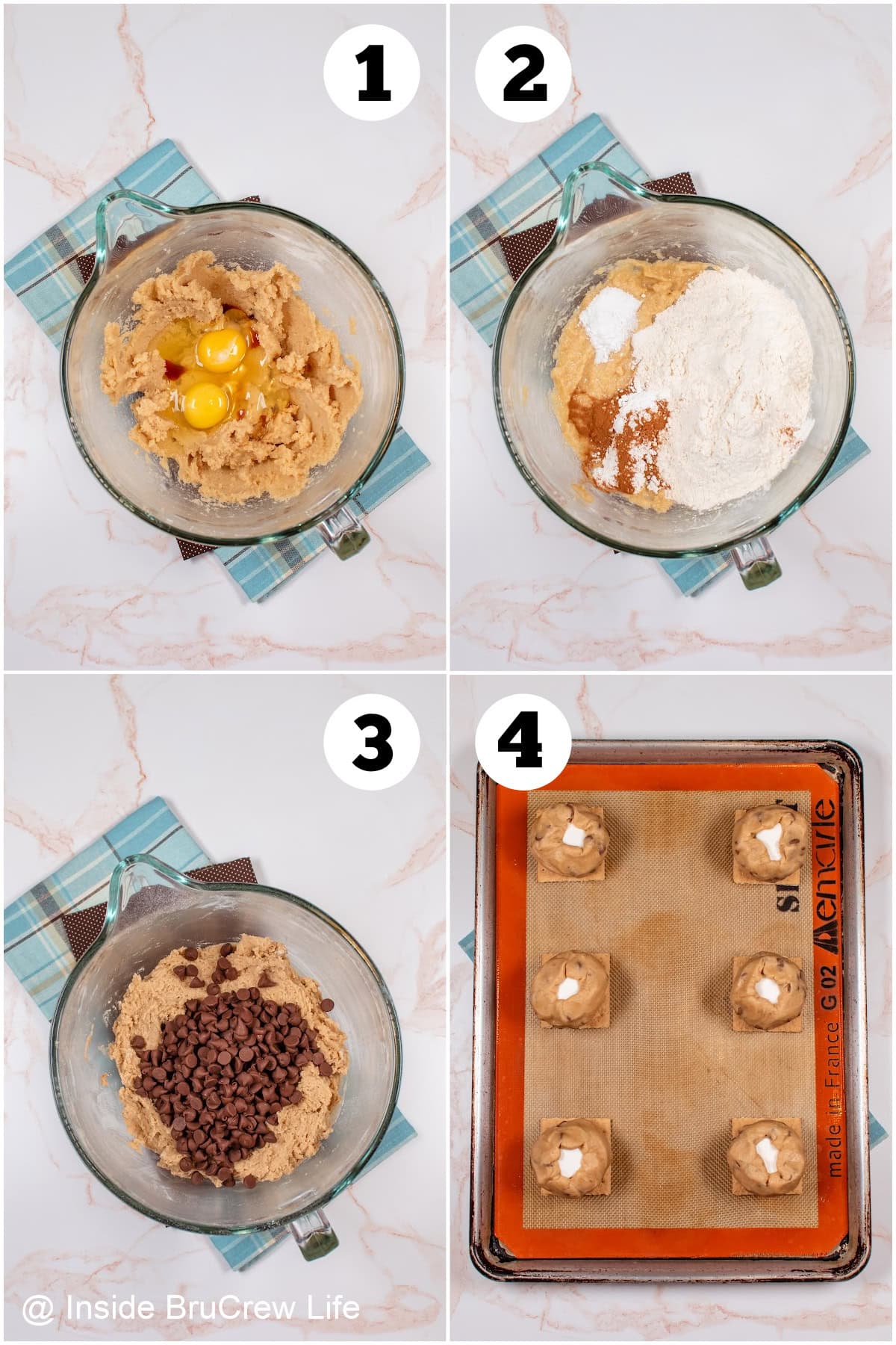 Four pictures collaged together showing how to stuff chocolate chip cookies.