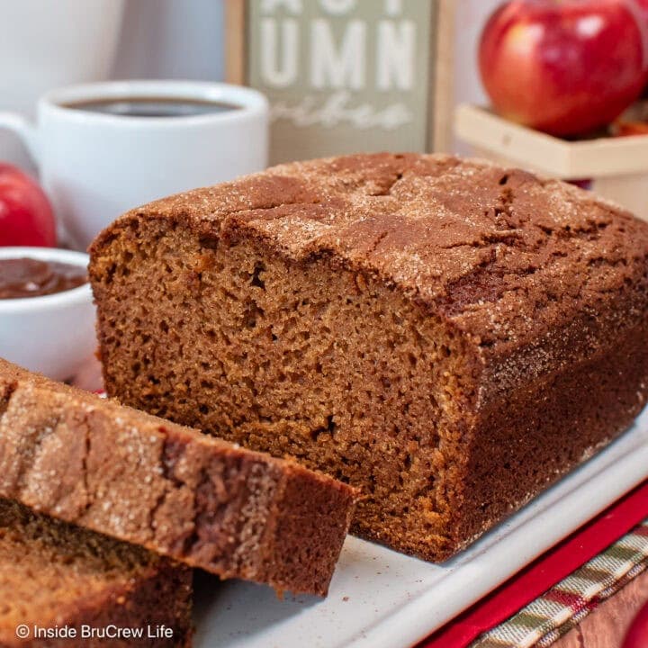 A loaf of apple butter bread on a tray.