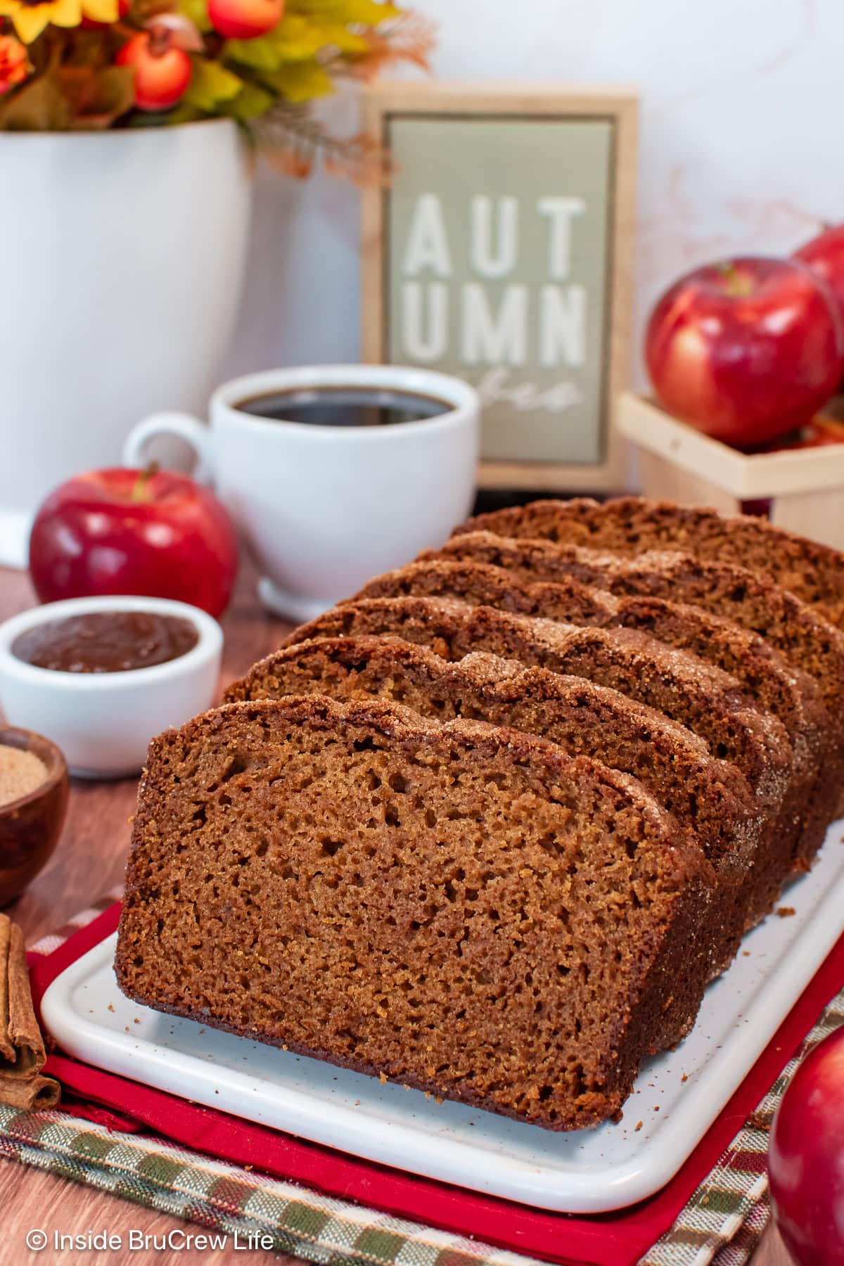 Slices of sweet bread on a white tray.