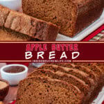 Two pictures of apple butter bread collaged with a burgundy text box.