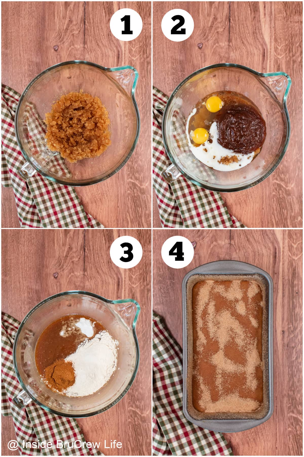 Four pictures collaged together showing how to make sweet bread.