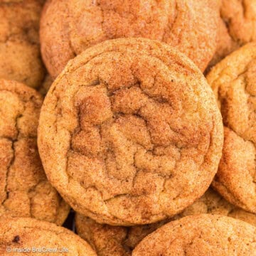 Cinnamon sugar coated cookies stacked together.