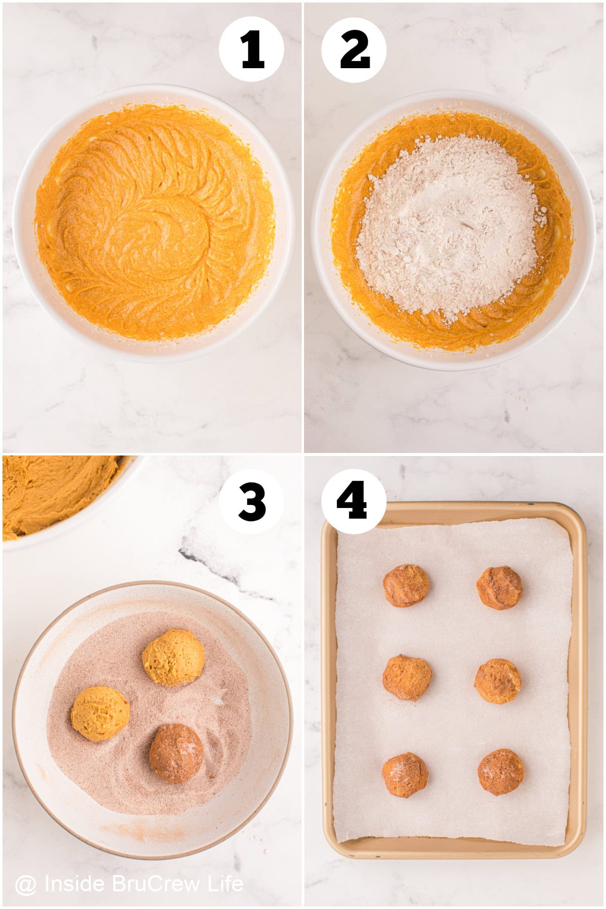 Four pictures collaged together showing how to make pumpkin snickerdoodle cookies.