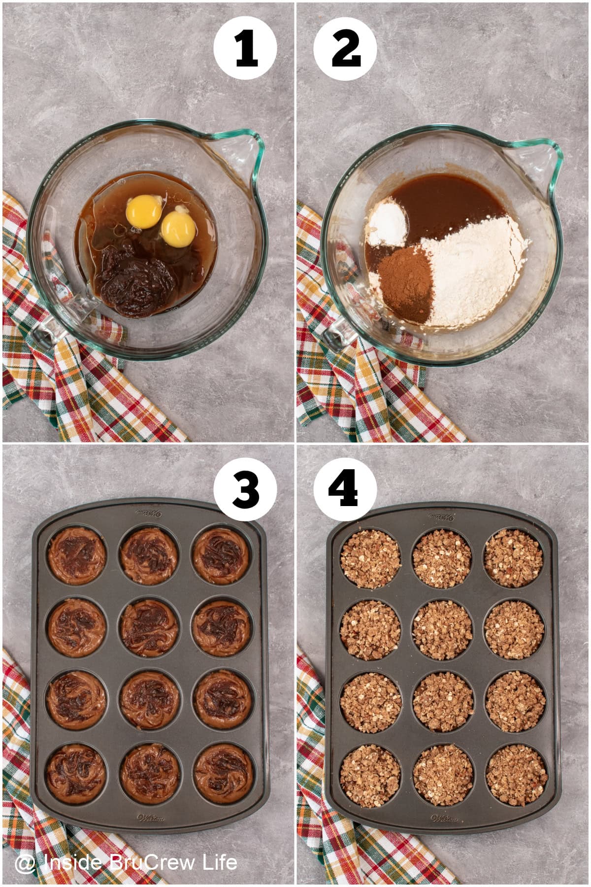 Four pictures collaged together showing how to make fall muffins with streusel topping.