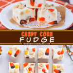 Two pictures of candy corn fudge collaged with a brown text box.