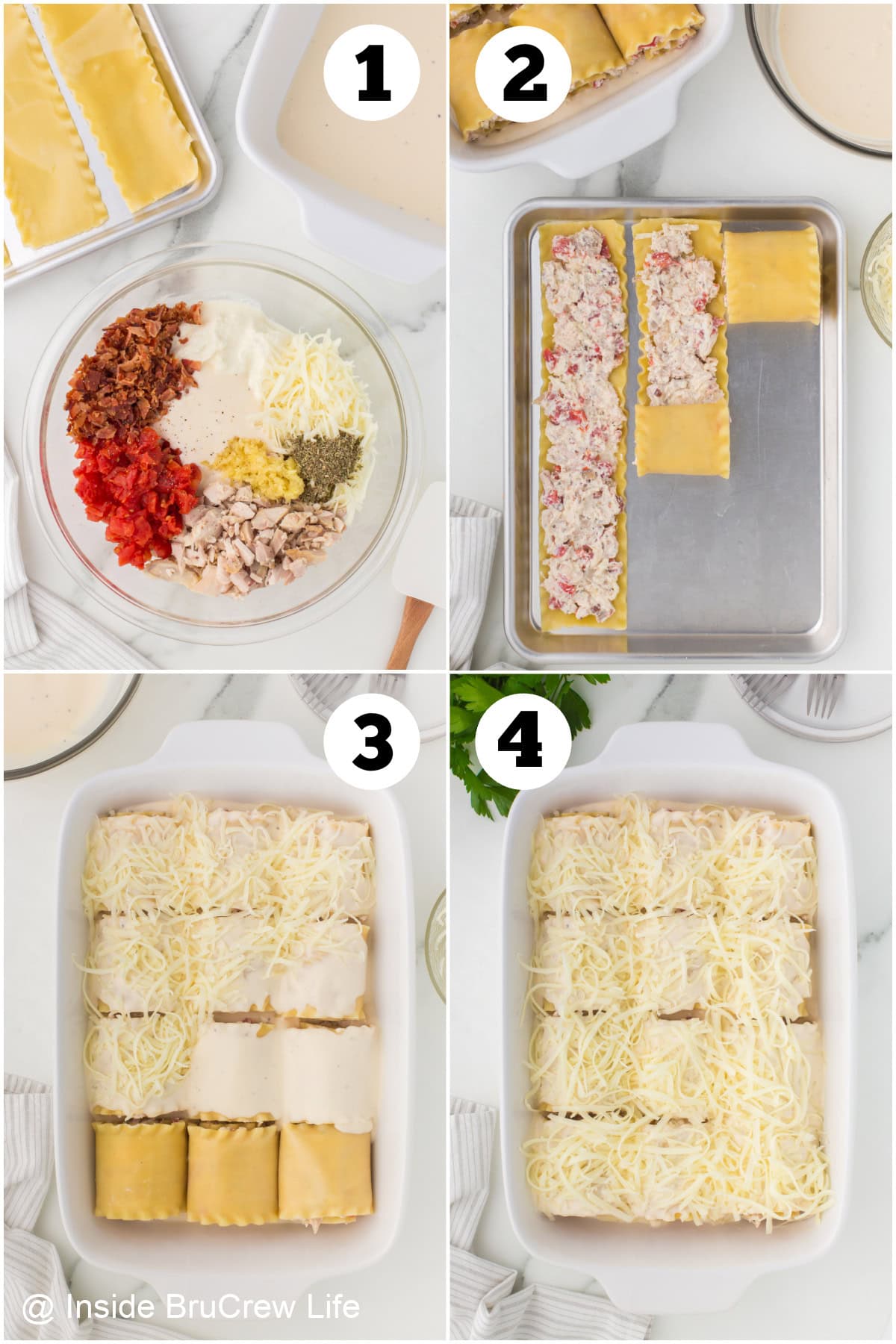 Four pictures collaged together showing how to make lasagna roll ups.